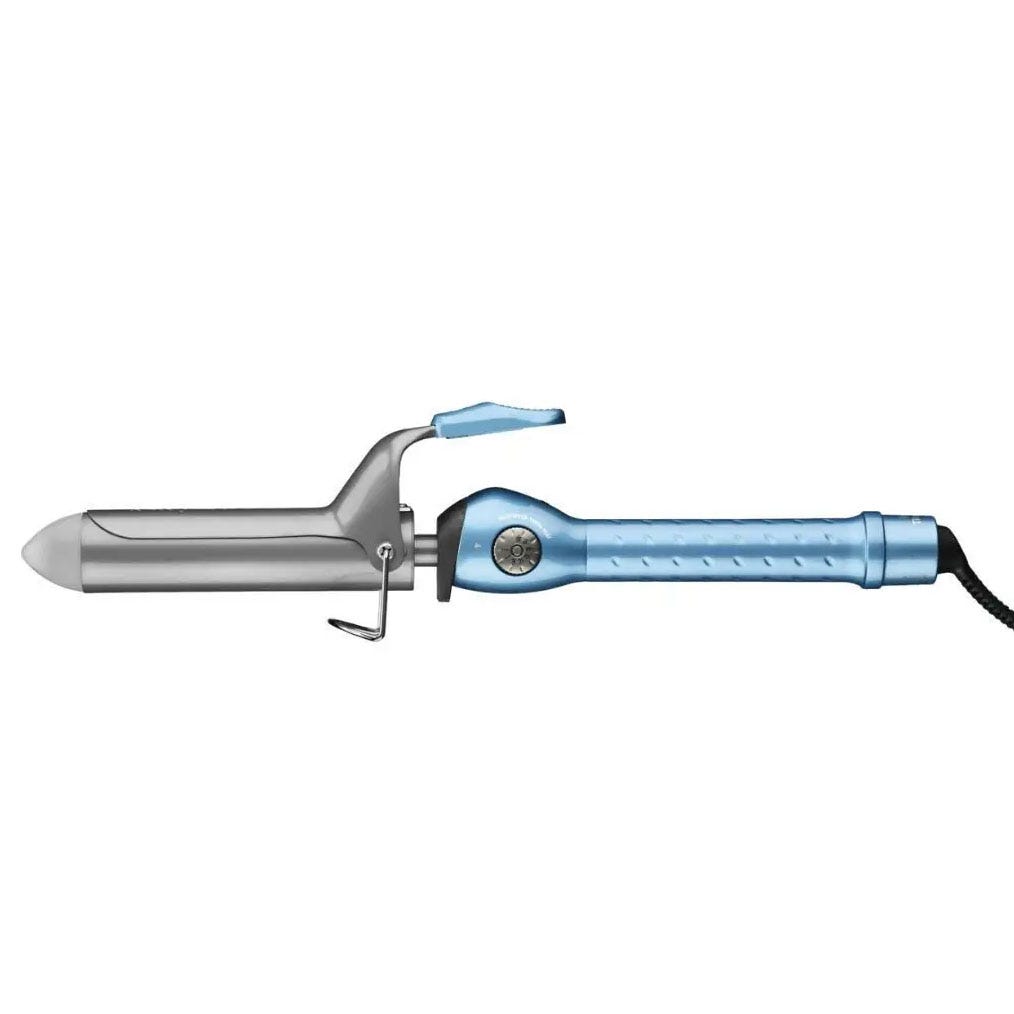 A blue-handled curling iron with a large barrel and a metal clamp for styling hair.