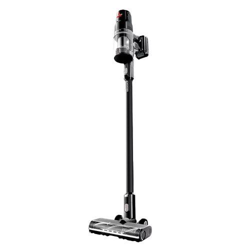 Cordless stick vacuum cleaner with a sleek black design, featuring a transparent dustbin and a compact motor unit at the top.