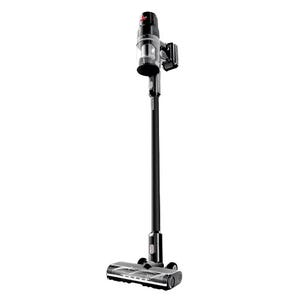 Cordless stick vacuum cleaner with a sleek black design, featuring a transparent dustbin and a compact motor unit at the top.