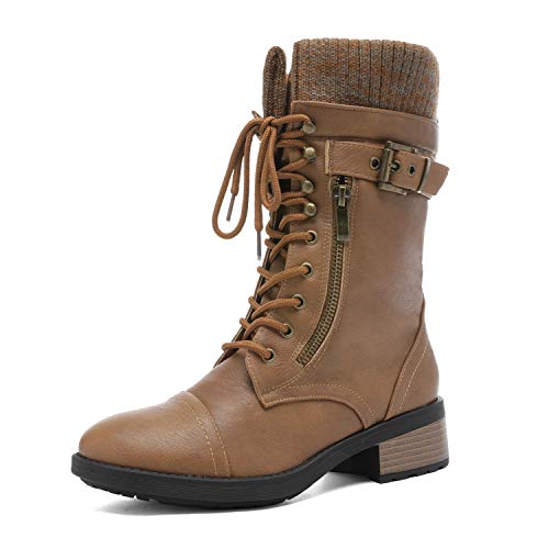 Brown mid-calf boots with a knit ankle collar, lace-up front, side zipper, and a decorative buckle, set on a low block heel.