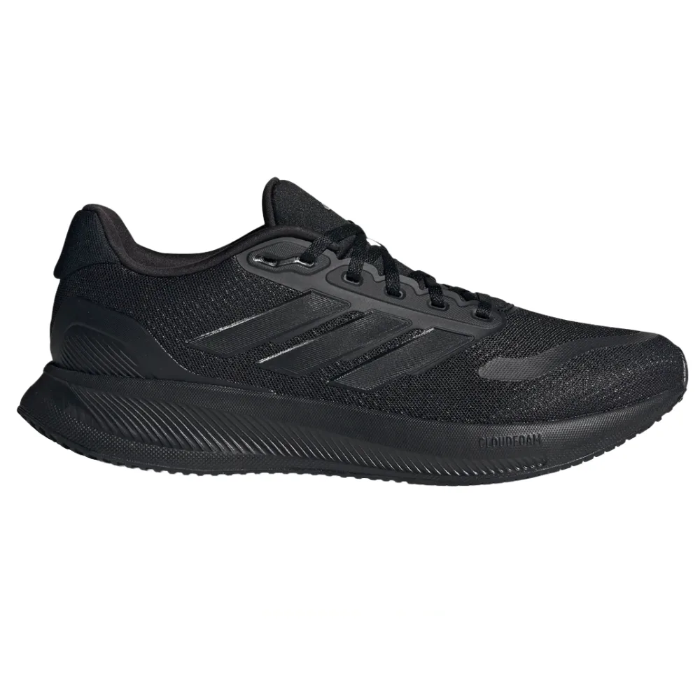 A black Adidas running shoe with a sleek design and Cloudfoam cushioning for comfort.
