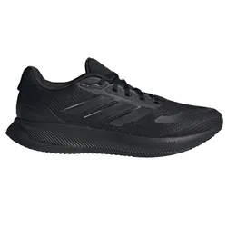 A black Adidas running shoe with a sleek design and Cloudfoam cushioning for comfort.