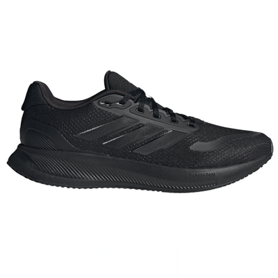 A black Adidas running shoe with a sleek design and Cloudfoam cushioning for comfort.