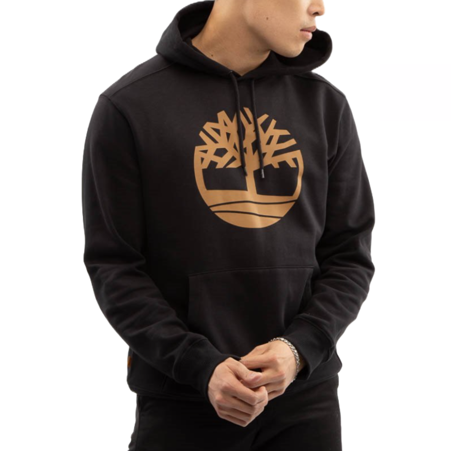Black Timberland hoodie featuring a large gold tree logo on the chest, with a drawstring hood and a front kangaroo pocket.