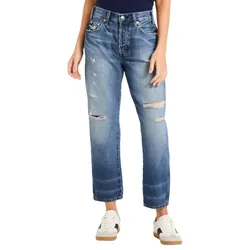 Distressed blue jeans with a relaxed fit, featuring ripped detailing on the thighs and knees, paired with white sneakers with black accents.