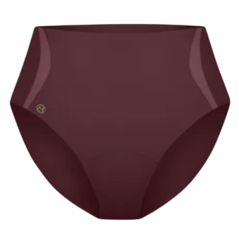 High-waisted maroon underwear with seamless edges and a small logo on the left side.