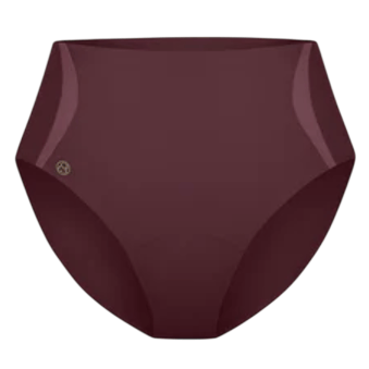 High-waisted maroon underwear with seamless edges and a small logo on the left side.