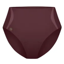 High-waisted maroon underwear with seamless edges and a small logo on the left side.