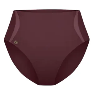 High-waisted maroon underwear with seamless edges and a small logo on the left side.