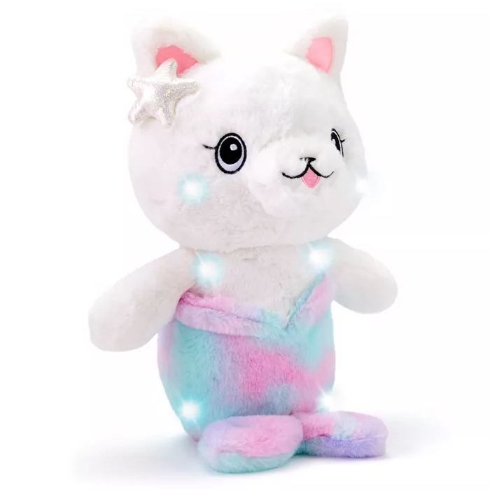 A 12-inch plush toy resembling a cat-mermaid hybrid with a pastel-colored tail, white fur, big eyes, and a small pink tongue sticking out. It features a silver star on one ear and emits a soft glowing light from its body.