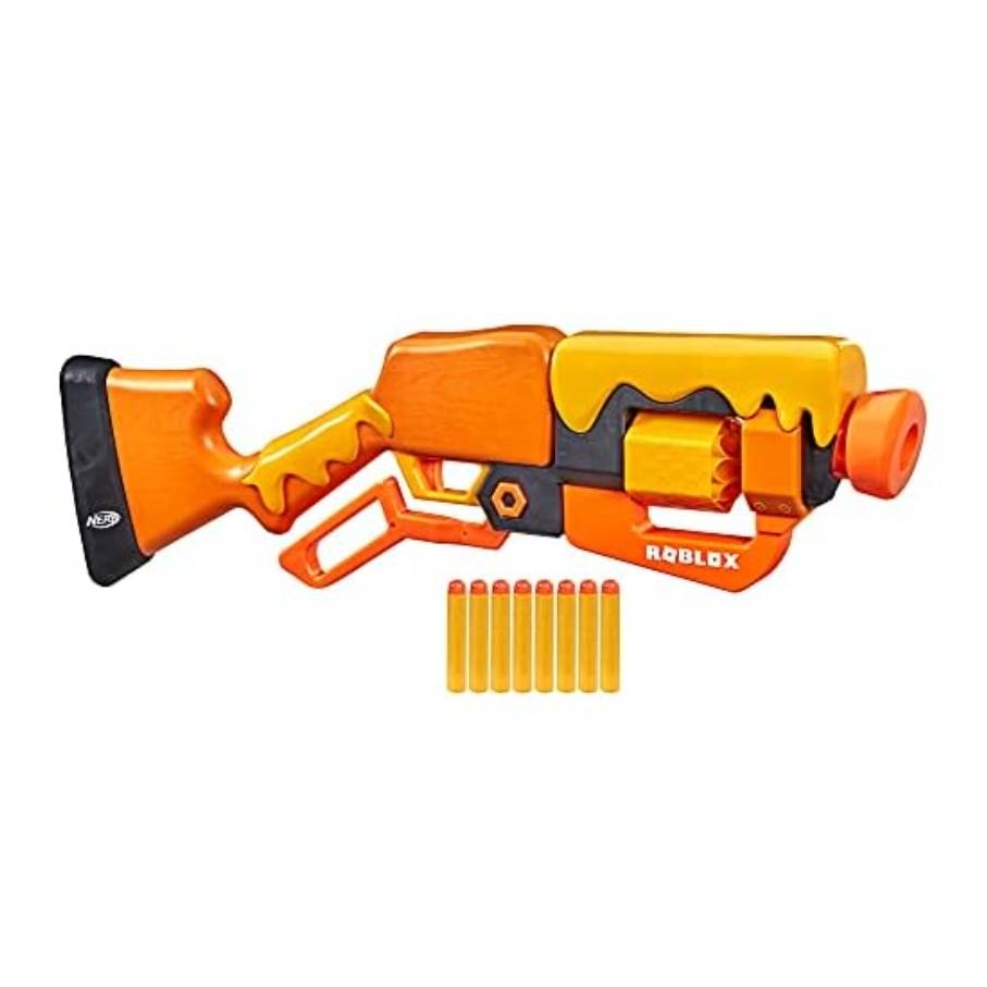 Nerf Roblox Blaster in orange and yellow with a unique design, featuring a revolving barrel and accompanied by six foam darts.