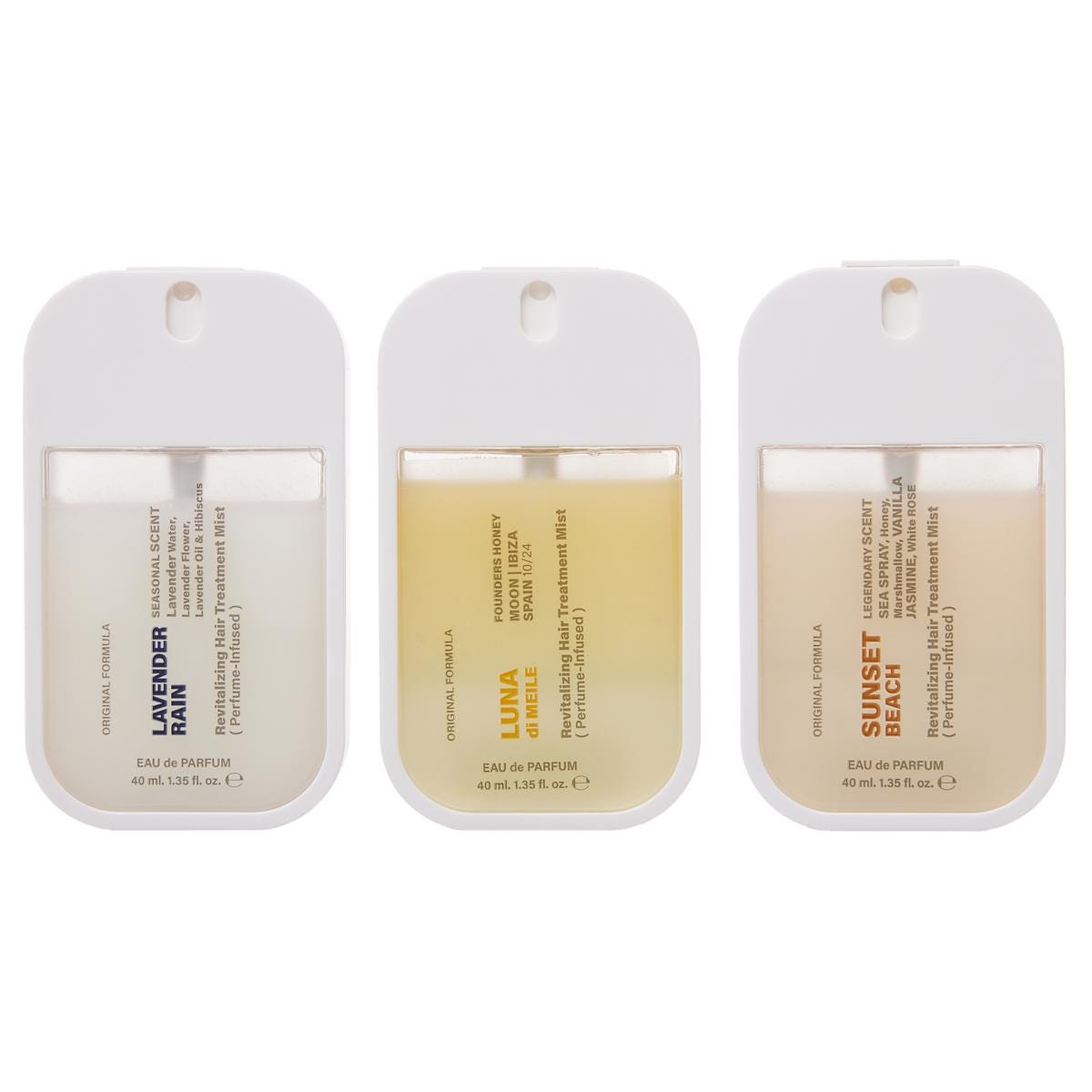 Three perfumes in white containers labeled: Lavender Rain (seasonal scent), Luna Miele (founder's honey), and Sunset Beach (legendary scent), each 40 ml.