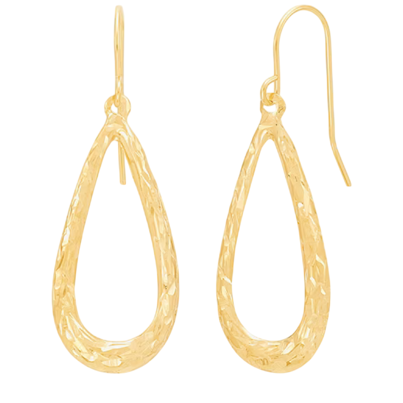 Gold teardrop-shaped earrings with a hammered texture and hook closures.