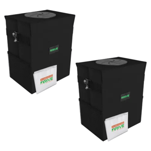 Two black insulated food delivery bags with handles and a Velcro flap, each featuring a logo that reads \“DRIVE.\“