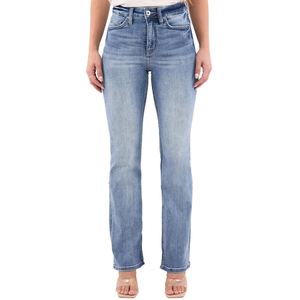 Pair of high-waisted, straight-leg denim jeans in a light blue wash, paired with clear strap heels.