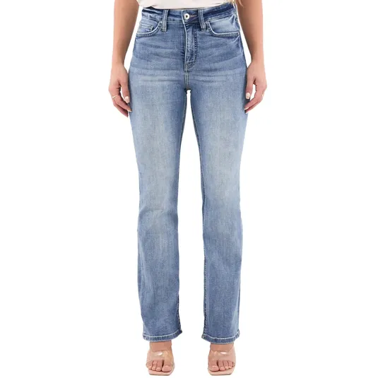 Pair of high-waisted, straight-leg denim jeans in a light blue wash, paired with clear strap heels.