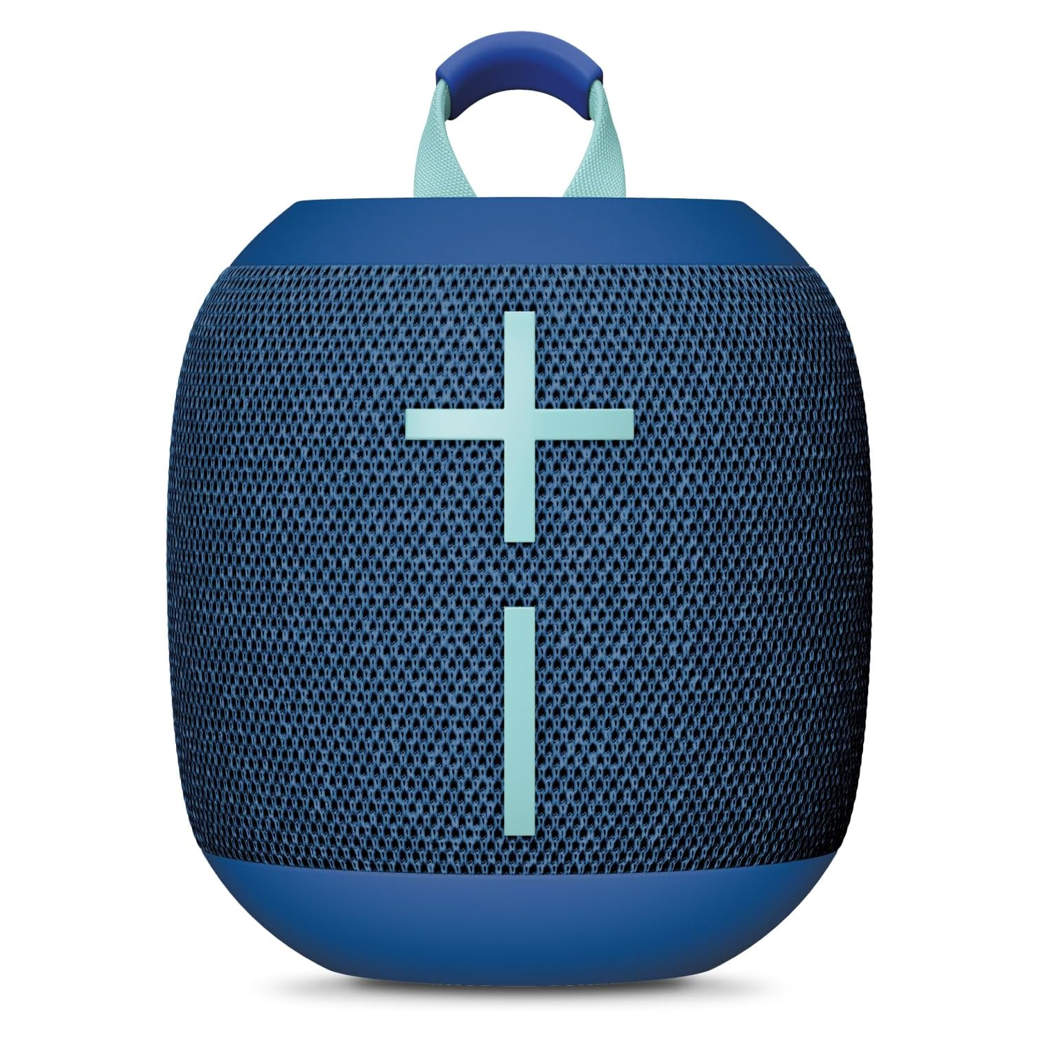 A portable blue Bluetooth speaker with a fabric mesh exterior, featuring large plus and minus buttons on the front for volume control and a handle at the top.
