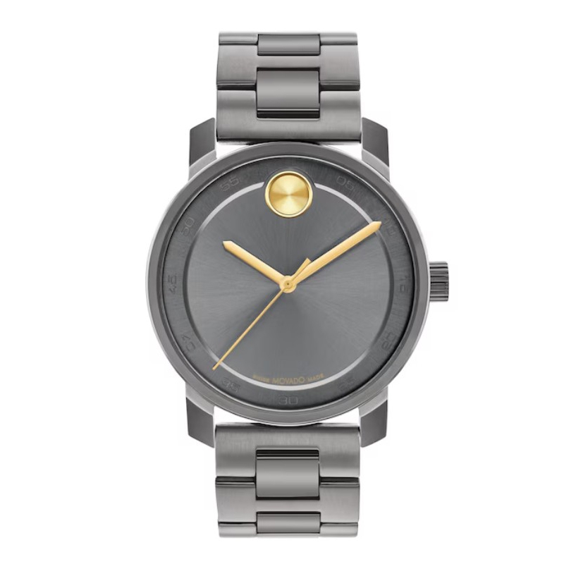 A Movado watch with a sleek gray dial and a gold-tone dot at the 12 o'clock position, featuring gold hands and a stainless steel link bracelet.