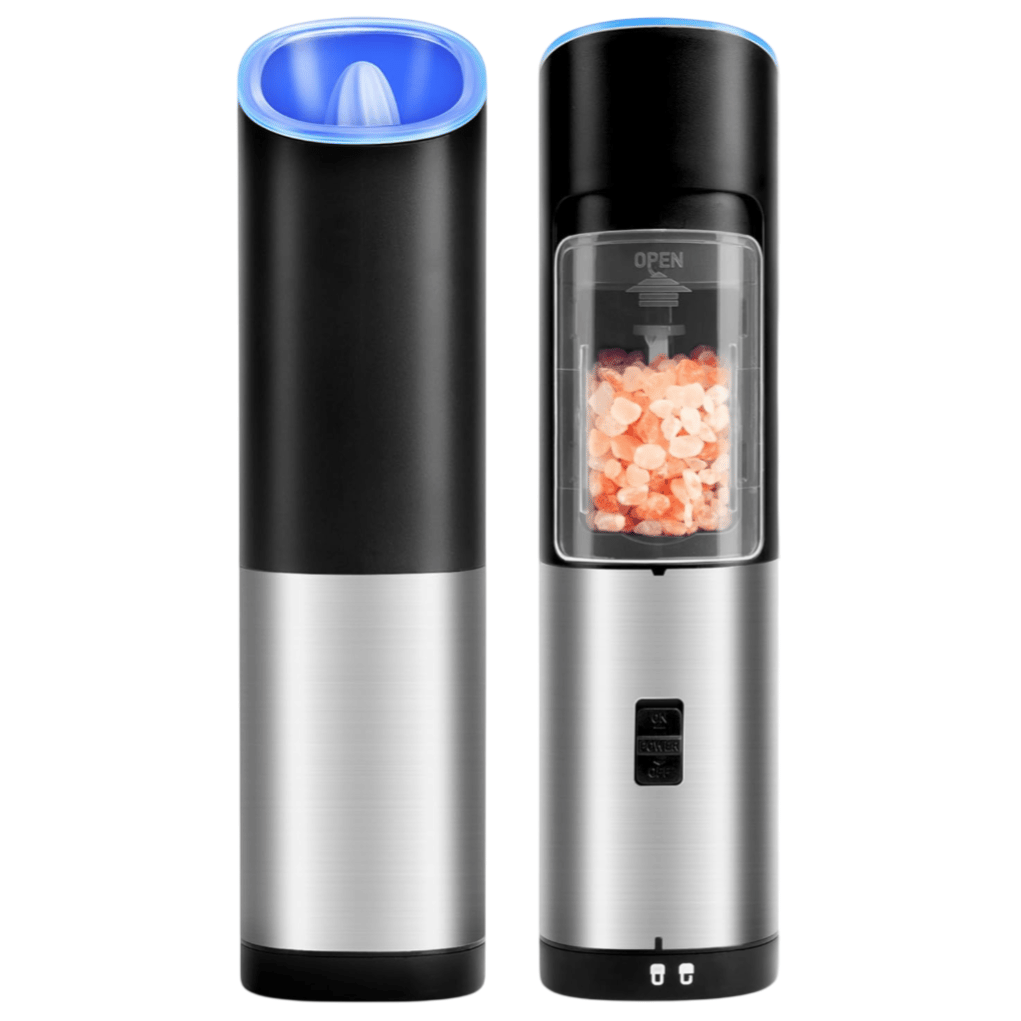 Gravity electric grinder with a sleek black and silver design, featuring a transparent compartment filled with pink rock salt. Comes packaged in red boxes labeled \“Gravity Electric Grinder\“, battery operated.