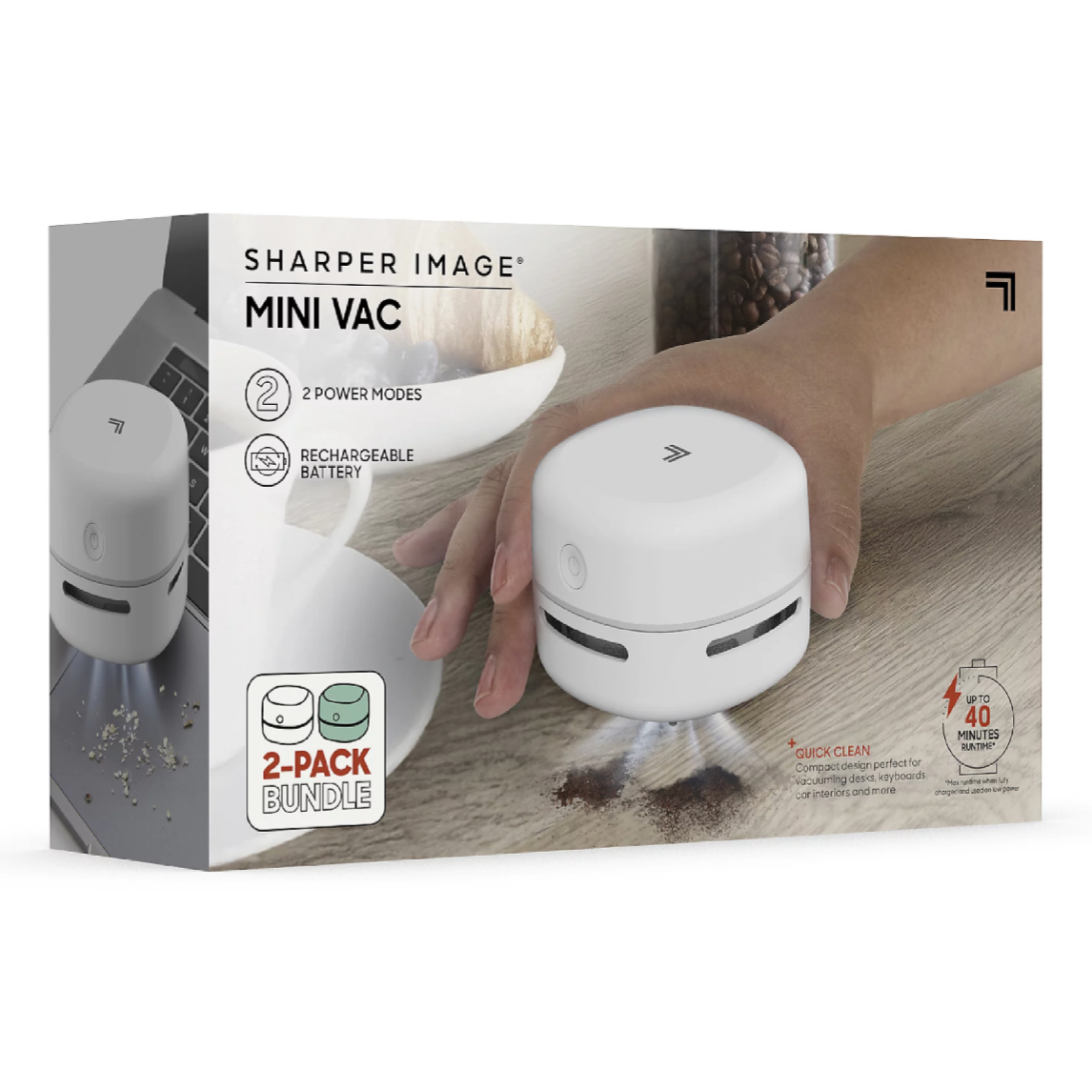 Sharper Image Mini Vac features two power modes, a rechargeable battery with up to 40 minutes runtime, and a compact design for cleaning desks, keyboards, and car interiors. Includes a 2-pack bundle.