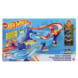 Hot Wheels City Auto Lift Expressway playset with motorized features, includes five die-cast cars. Suitable for ages 5-8.