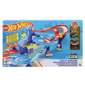 Hot Wheels City Auto Lift Expressway playset with motorized features, includes five die-cast cars. Suitable for ages 5-8.