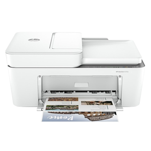 A white HP DeskJet 2755e printer, designed for printing, scanning, and copying tasks, with printed documents emerging from the output tray.