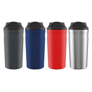 Four insulated can coolers in gray, blue, red, and stainless steel, designed to keep beverages cold with a black screw-on lid.