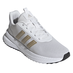 Adidas running shoe featuring a white mesh upper, beige three-stripe detail, and a cushioned midsole.