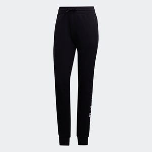 Black jogger-style sweatpants with a drawstring waist and ribbed cuffs, featuring a logo on the left leg.