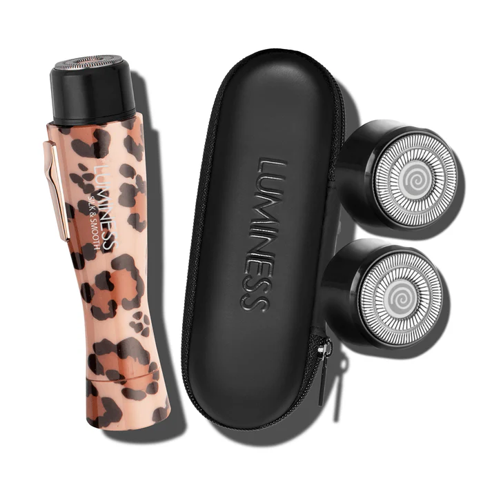 A leopard-print hair removal device with a protective cap, alongside a black electric shaver with three rotary heads and a carrying case.