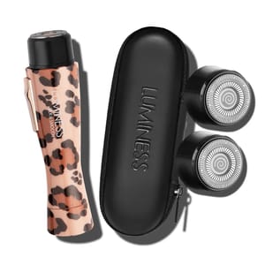 A leopard-print hair removal device with a protective cap, alongside a black electric shaver with three rotary heads and a carrying case.