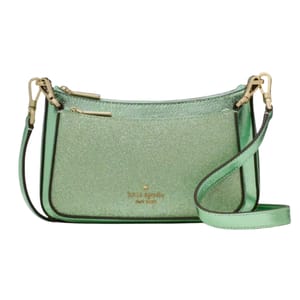 A green Kate Spade Duet Glitter Crossbody bag with a shimmering finish, featuring gold-tone hardware and a detachable strap for versatile wear.