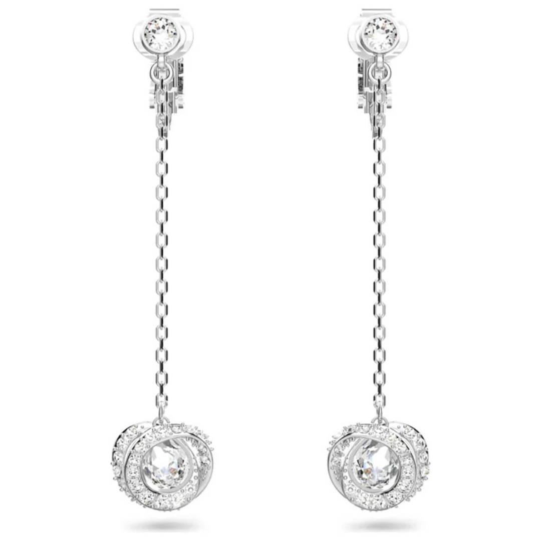 Silver-tone dangle earrings with a chain design, featuring round, sparkling stones encased in a circular setting at both ends.