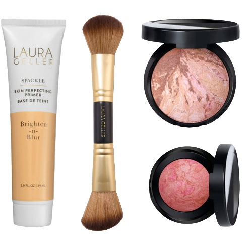 Laura Geller makeup set including a skin perfecting primer, a double-ended brush, and two baked blushes in different shades.