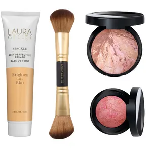 Laura Geller makeup set including a skin perfecting primer, a double-ended brush, and two baked blushes in different shades.