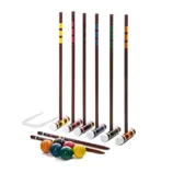 A croquet set featuring six mallets with striped handles, six colorful balls, and two metal wickets.