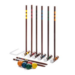 A croquet set featuring six mallets with striped handles, six colorful balls, and two metal wickets.