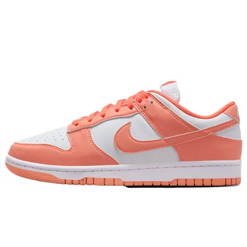 A Nike Dunk Low sneaker in peach and white colorway, featuring a white base with peach overlays, laces, and a swoosh, on a white midsole and peach outsole.