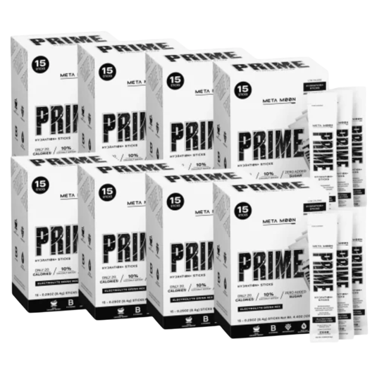 PRIME Meta Moon Hydration Sticks, each box contains 15 sticks, features include 20 calories, 10% coconut water, zero added sugar, flavored electrolyte drink mix.