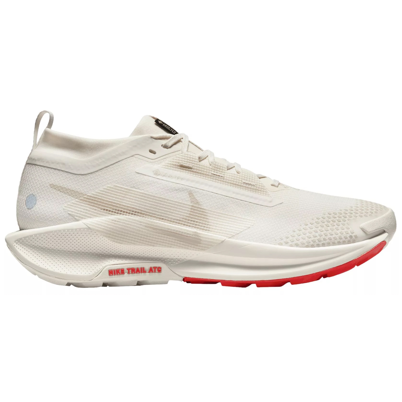 Nike Pegasus Trail 5 Running Shoes are designed for trail running, featuring a white breathable upper with subtle texture, red accents on the sole, and a supportive, cushioned midsole for comfort and stability.