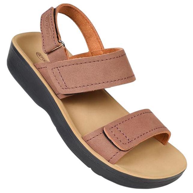 A casual sandal featuring dual brown straps with Velcro closures and a thick black sole designed for comfort.