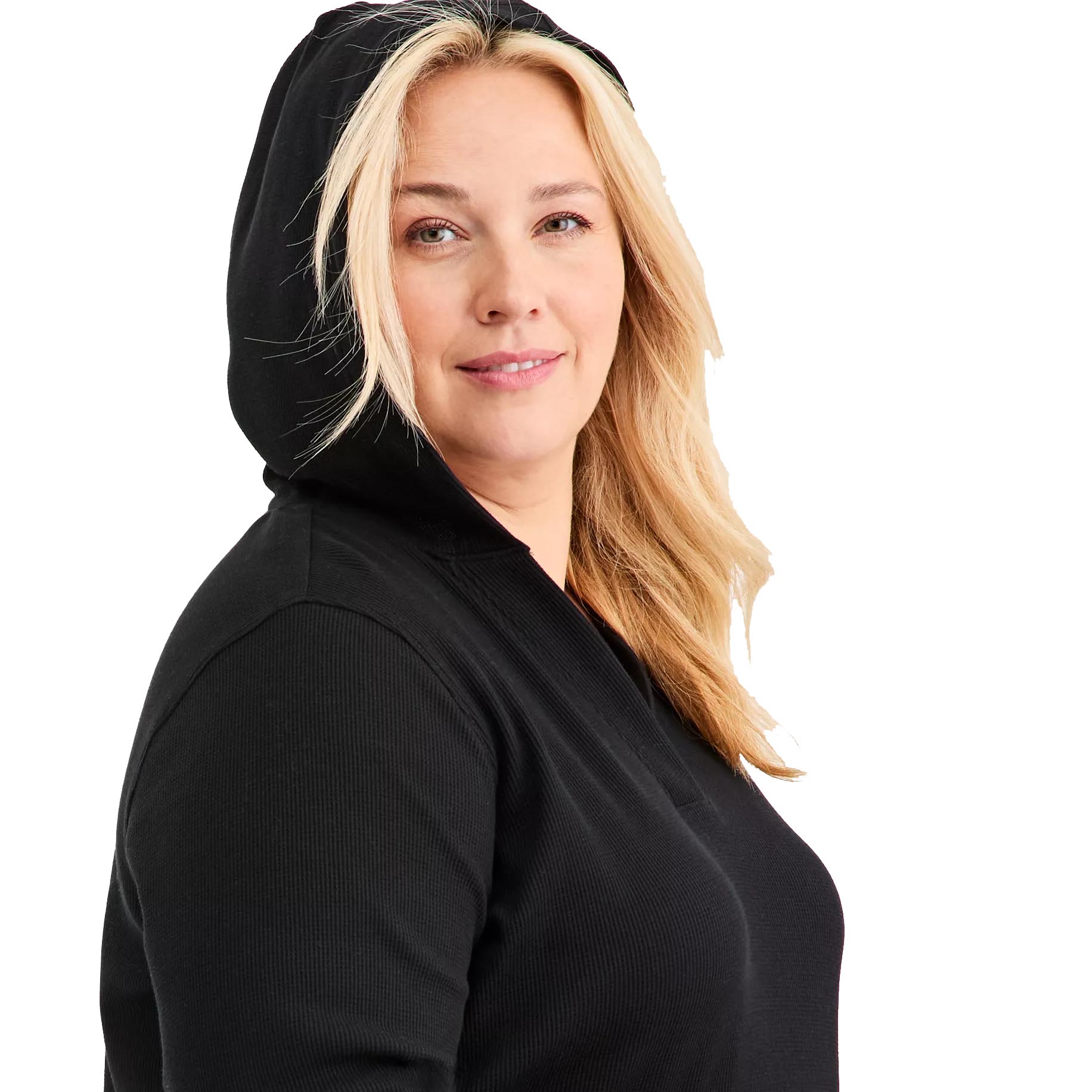 A person wearing a black hooded garment.