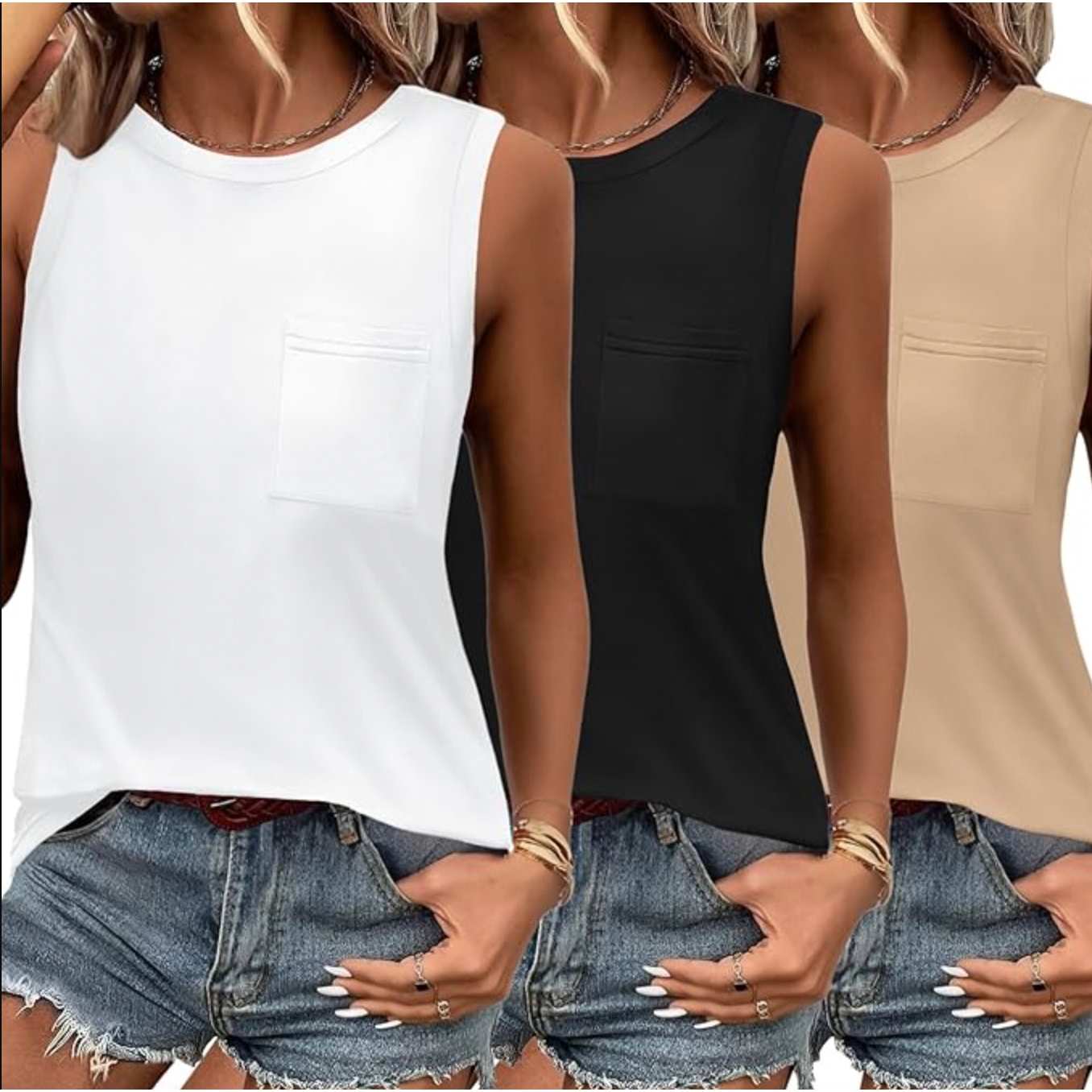 Three sleeveless tops in white, black, and beige are displayed, each featuring a chest pocket and paired with denim shorts.