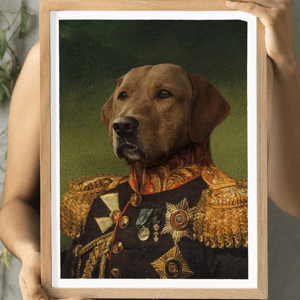 A framed portrait depicts a dog in a regal military uniform adorned with medals and decorative elements.