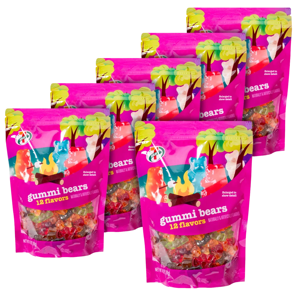 Bags of gummi bears featuring a colorful design with a campfire and forest theme, showcasing 12 flavors. Each bag weighs 5 lbs, with visible assorted gummi bears inside, labeled as naturally and artificially flavored.