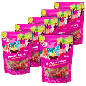 Bags of gummi bears featuring a colorful design with a campfire and forest theme, showcasing 12 flavors. Each bag weighs 5 lbs, with visible assorted gummi bears inside, labeled as naturally and artificially flavored.