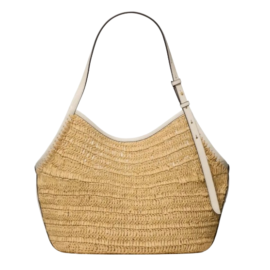 A woven straw shoulder bag with an adjustable white leather strap, featuring a spacious, curved design suitable for casual outings.