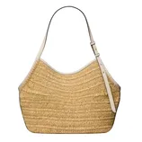 A woven straw shoulder bag with an adjustable white leather strap, featuring a spacious, curved design suitable for casual outings.