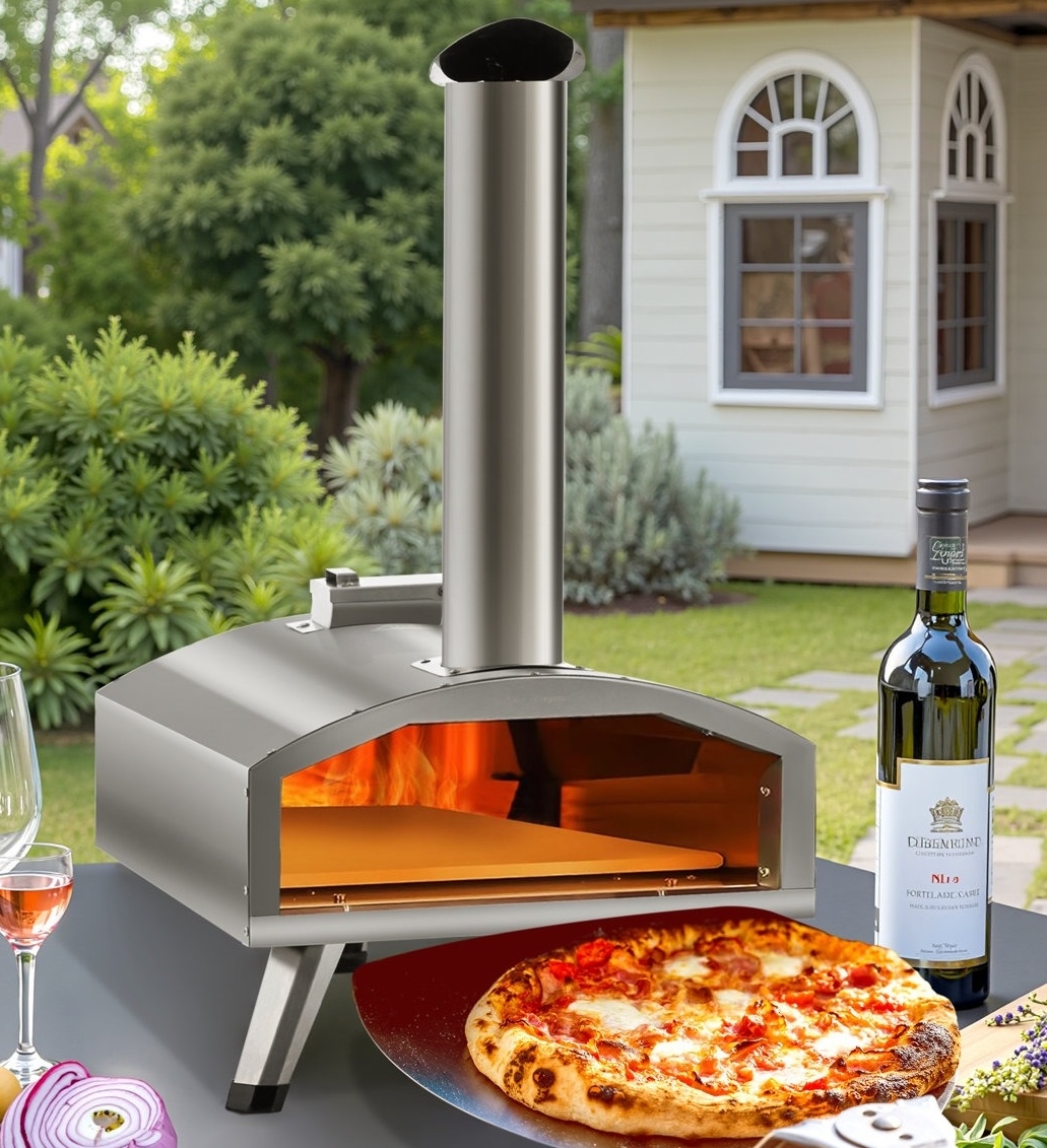 A stainless steel wood-burning pizza oven with a chimney, positioned outdoors on a table beside a cooked pizza, a wine bottle, a wine glass, and sliced onions, with a garden setting and a small white building in the background.